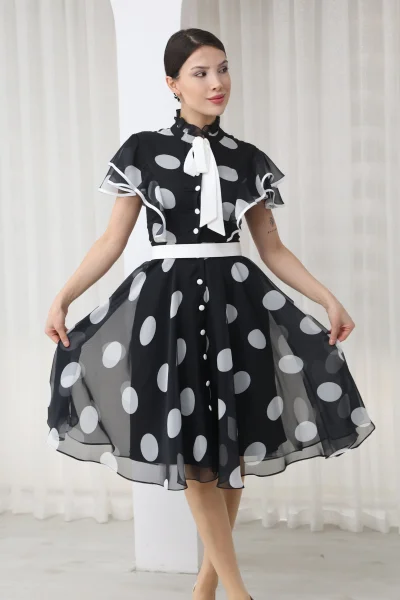 Nursel Ergin Düğme ve Bağlama Detaylı Puantiyeli Elbise 6081-Siyah