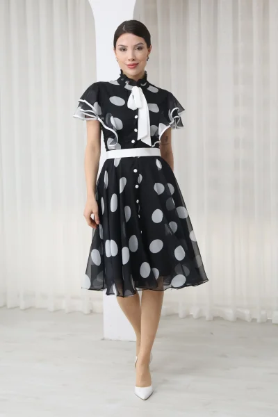 Nursel Ergin Düğme ve Bağlama Detaylı Puantiyeli Elbise 6081-Siyah