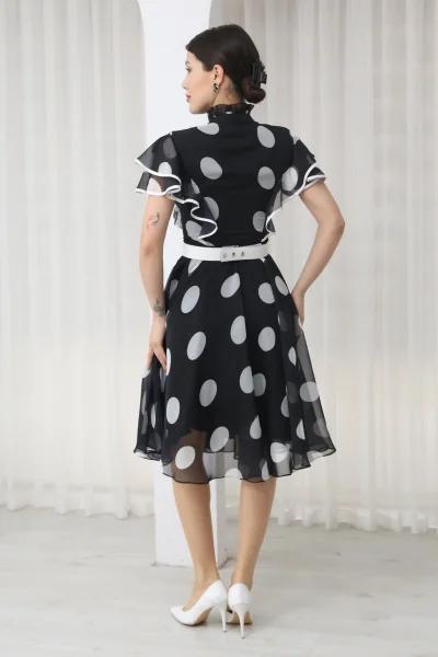 Nursel Ergin Düğme ve Bağlama Detaylı Puantiyeli Elbise 6081-Siyah