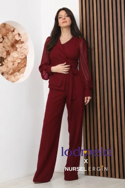 Nursel Ergin Bağlama Detaylı Asimetrik Yaka Abiye Tulum 6043-Bordo