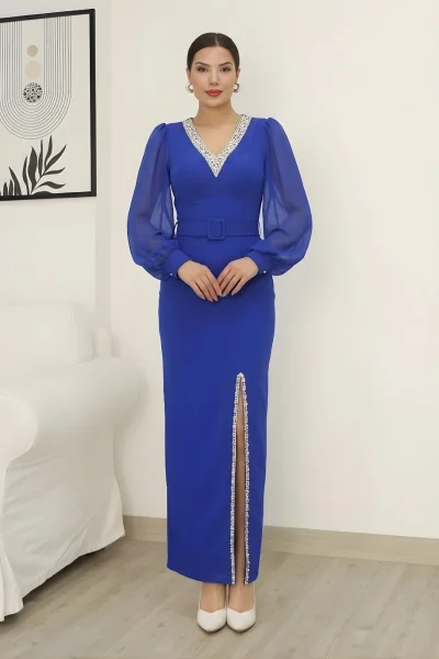 V Yaka Taş Detaylı Yırtmaçlı Balon Kol Abiye Elbise 2332-Saks