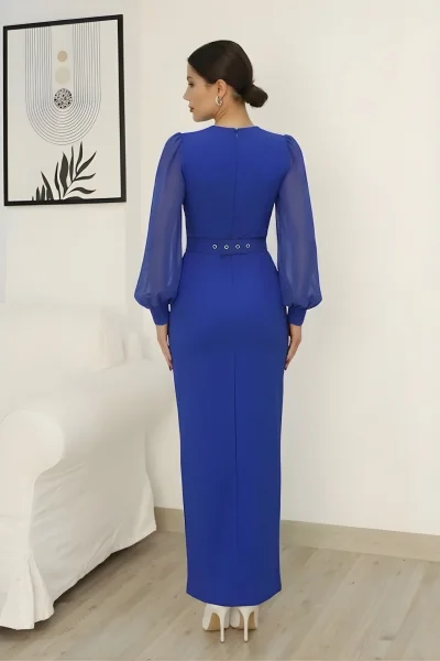 V Yaka Taş Detaylı Yırtmaçlı Balon Kol Abiye Elbise 2332-Saks