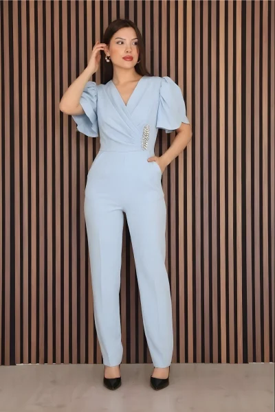 Pile ve Taş Detaylı V Yaka Tulum 2190-Bebe Mavisi