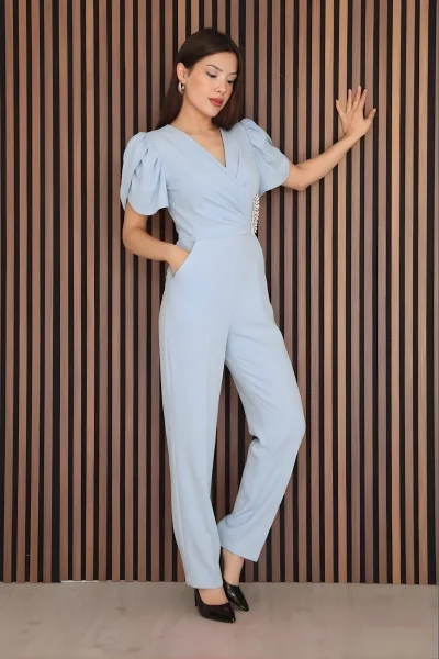 Pile ve Taş Detaylı V Yaka Tulum 2190-Bebe Mavisi
