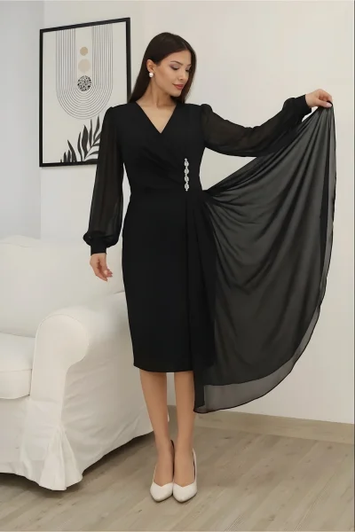 Kruvaze Yaka Bel Şifon Detaylı Balon Kol Abiye Elbise 2263-Siyah