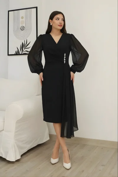 Kruvaze Yaka Bel Şifon Detaylı Balon Kol Abiye Elbise 2263-Siyah