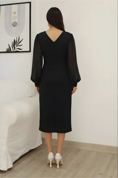 Kruvaze Yaka Bel Şifon Detaylı Balon Kol Abiye Elbise 2263-Siyah