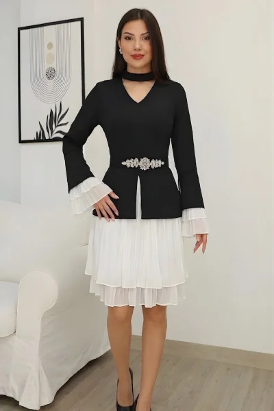 Büzgü Detaylı Kemerli Elbise 2338-Siyah/Beyaz