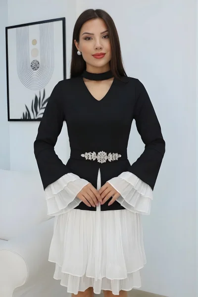 Büzgü Detaylı Kemerli Elbise 2338-Siyah/Beyaz