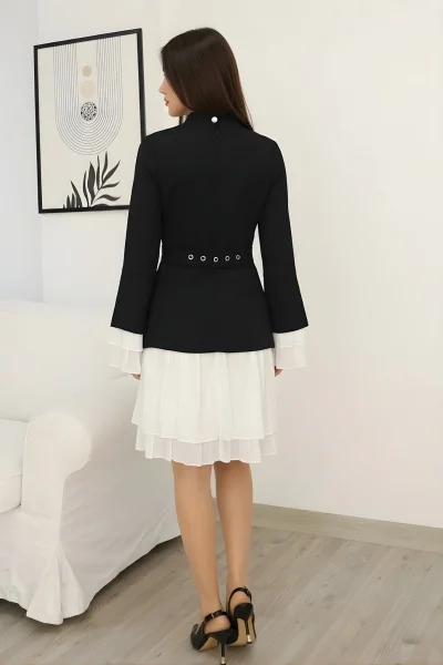 Büzgü Detaylı Kemerli Elbise 2338-Siyah/Beyaz