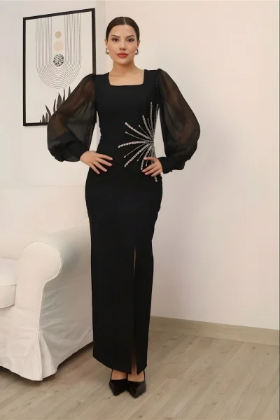 Taş Süslemeli Kare Yaka Balon Kol Yırtmaçlı Abiye Elbise 2345-Siyah