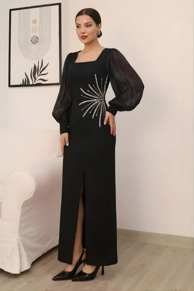 Taş Süslemeli Kare Yaka Balon Kol Yırtmaçlı Abiye Elbise 2345-Siyah
