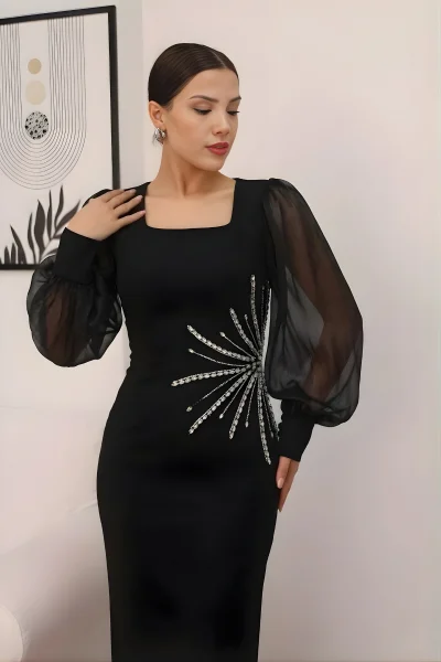 Taş Süslemeli Kare Yaka Balon Kol Yırtmaçlı Abiye Elbise 2345-Siyah
