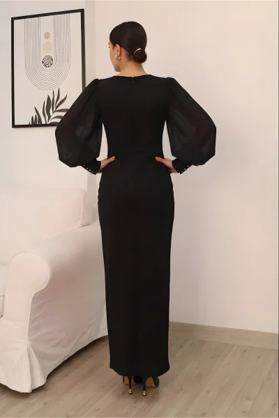 Taş Süslemeli Kare Yaka Balon Kol Yırtmaçlı Abiye Elbise 2345-Siyah