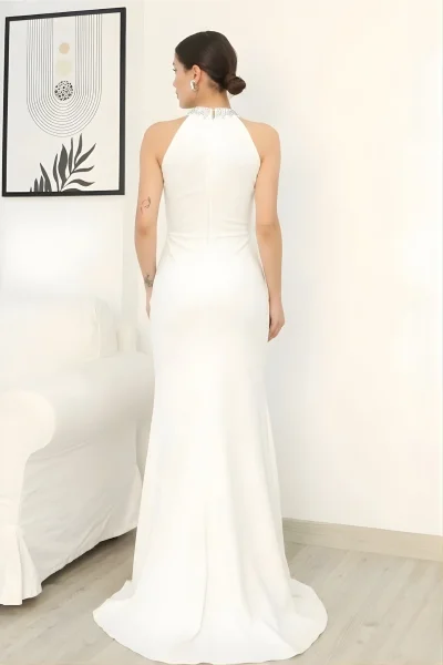 Taş Detaylı Pileli Abiye Elbise 2341-Beyaz