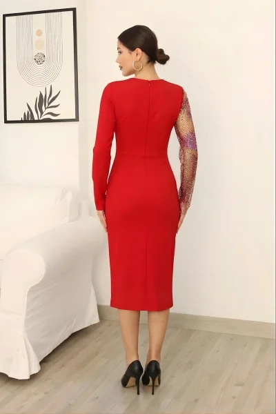 File Detaylı Midi Abiye Elbise 2337/1-Kırmızı