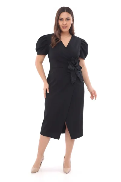 V Yaka Çiçek Detaylı Büyük Beden Abiye Elbise 2267-Siyah