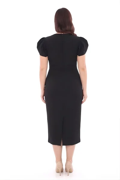 V Yaka Çiçek Detaylı Büyük Beden Abiye Elbise 2267-Siyah