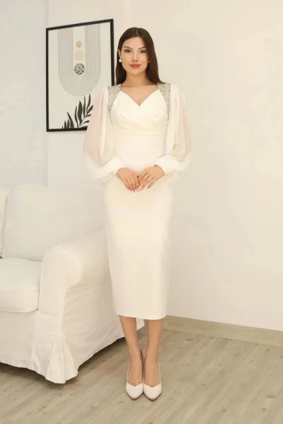 İşlemeli Omuz Detaylı Balon Kollu Kruvaze Yaka Midi Elbise 2326/1-Beyaz