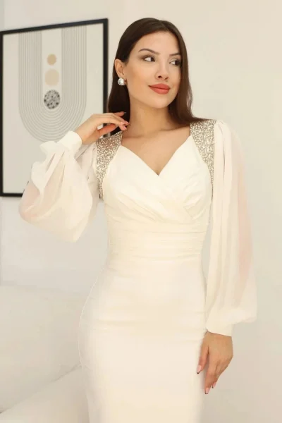 İşlemeli Omuz Detaylı Balon Kollu Kruvaze Yaka Midi Elbise 2326/1-Beyaz