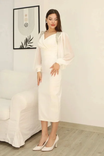 İşlemeli Omuz Detaylı Balon Kollu Kruvaze Yaka Midi Elbise 2326/1-Beyaz