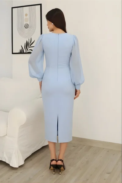 İşlemeli Omuz Detaylı Balon Kollu Kruvaze Yaka Midi Elbise 2326/1-Bebe Mavisi