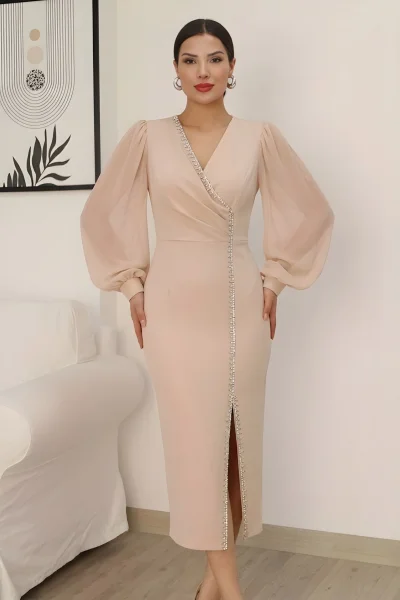 Kruvaze Yaka Balon Kol Taş ve Yırtmaç Detaylı Abiye Elbise 2237/1-Bej