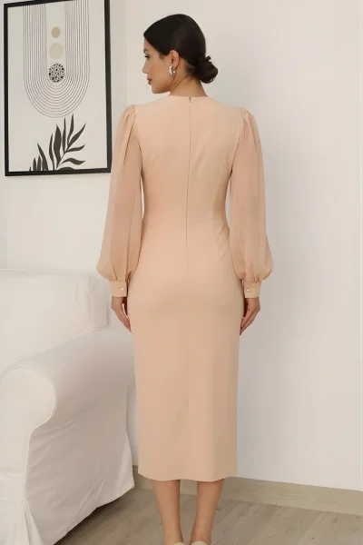 Kruvaze Yaka Balon Kol Taş ve Yırtmaç Detaylı Abiye Elbise 2237/1-Bej