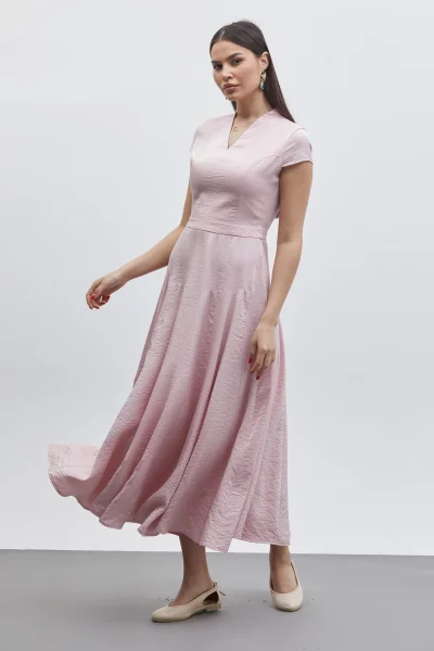 V Yaka Etek Detaylı Midi Elbise 6086-Pudra