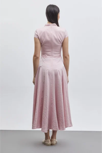 V Yaka Etek Detaylı Midi Elbise 6086-Pudra