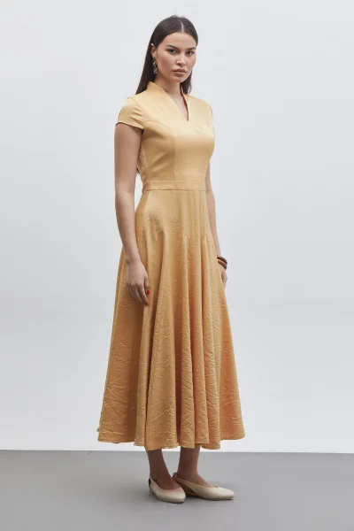 V Yaka Etek Detaylı Midi Elbise 6086-Hardal Sarısı