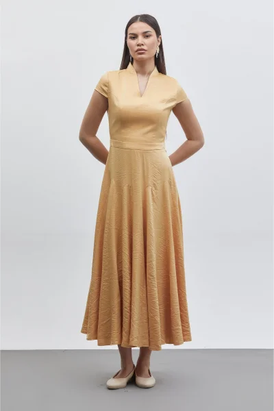 V Yaka Etek Detaylı Midi Elbise 6086-Hardal Sarısı