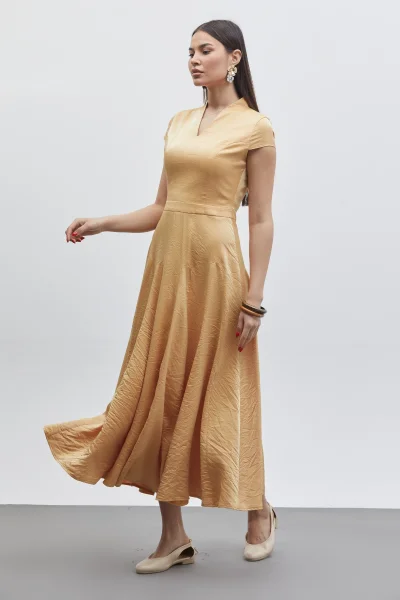 V Yaka Etek Detaylı Midi Elbise 6086-Hardal Sarısı