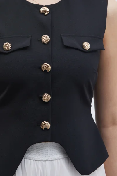 Düğme Detaylı Yelek ve Piliseli Pantolon İkili Takım 6088-Siyah/Beyaz