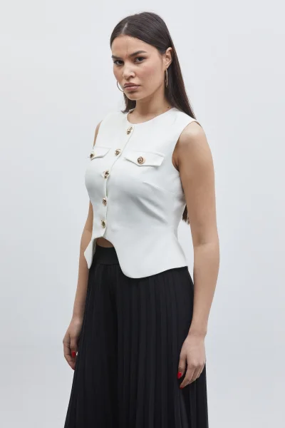 Düğme Detaylı Yelek ve Piliseli Pantolon İkili Takım 6088-Beyaz/Siyah