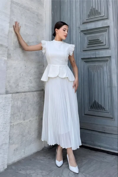 Omuz Fırfırlı Pliseli Abiye Elbise 6047-Beyaz