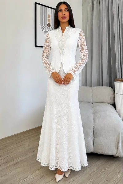 V Yaka İşleme Detaylı Dantel İkili Takım 4717-Beyaz