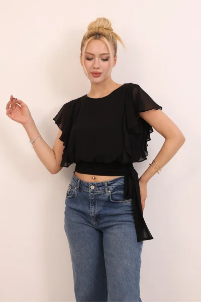 Bel Bağlama Detaylı Fırfırlı Şifon Bluz 6087-Siyah