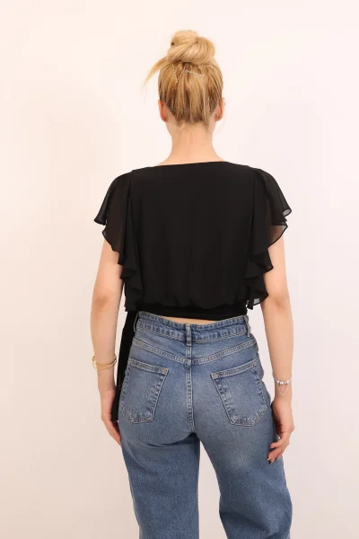 Bel Bağlama Detaylı Fırfırlı Şifon Bluz 6087-Siyah