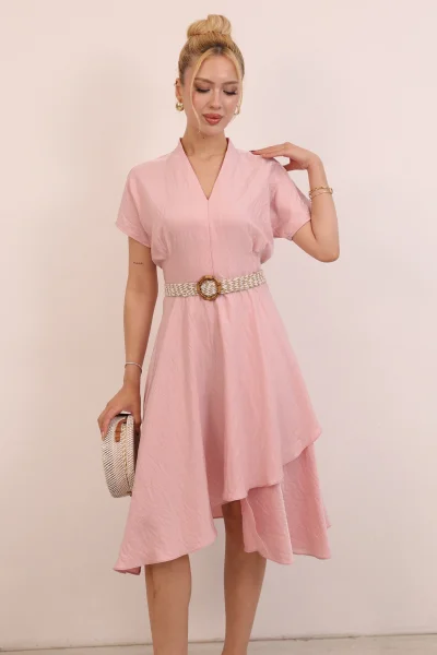 Asimetrik Kesim V Yaka Kemer Detaylı Midi Elbise 6090-Pembe