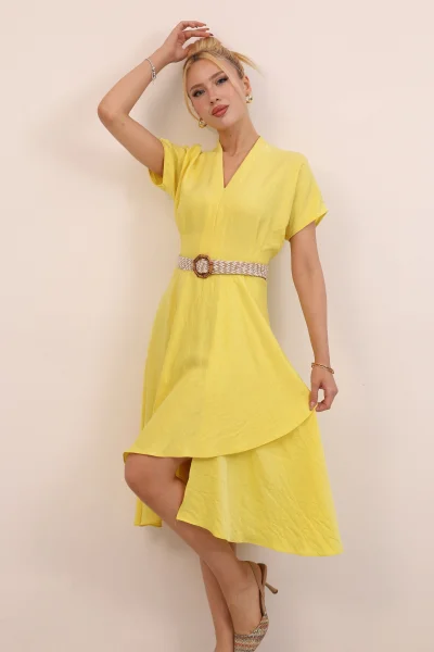 Asimetrik Kesim V Yaka Kemer Detaylı Midi Elbise 6090-Sarı
