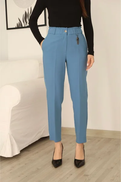 Aksesuar Detaylı Beli Lastikli Kumaş Pantolon 6119-Açık Mavi
