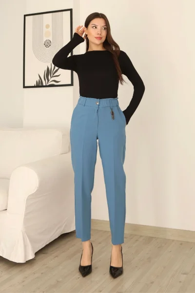 Aksesuar Detaylı Beli Lastikli Kumaş Pantolon 6119-Açık Mavi