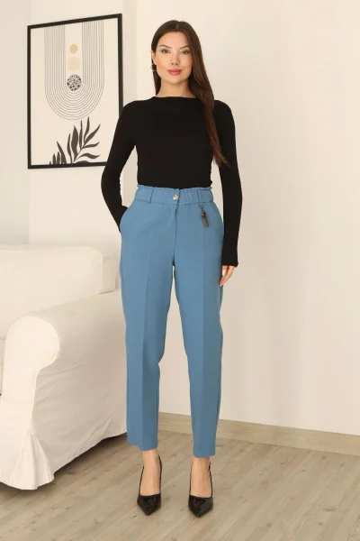 Aksesuar Detaylı Beli Lastikli Kumaş Pantolon 6119-Açık Mavi