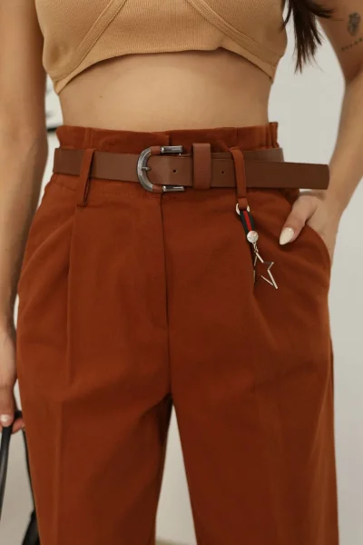 Aksesuar Detaylı Pileli Gabardin Kumaş Pantolon 5807-Kiremit