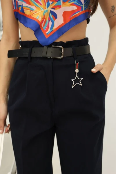 Aksesuar Detaylı Pileli Gabardin Kumaş Pantolon 5807-Lacivert