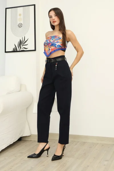 Aksesuar Detaylı Pileli Gabardin Kumaş Pantolon 5807-Lacivert