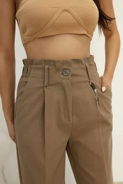 Aksesuar Detaylı Pileli Gabardin Kumaş Pantolon 5807-Haki