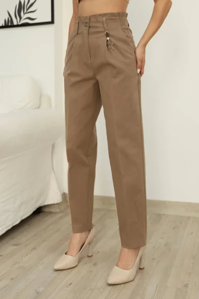 Aksesuar Detaylı Pileli Gabardin Kumaş Pantolon 5807-Haki