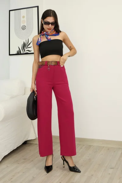 Aksesuar Ve Kemer Detaylı Palazzo Kumaş Pantolon 6115-Fuşya